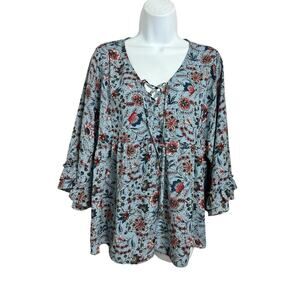 Women's Sanctuary Blue Boho Peasant Blouse Sz S 3/4 Sleeve Top Laced V-Neck